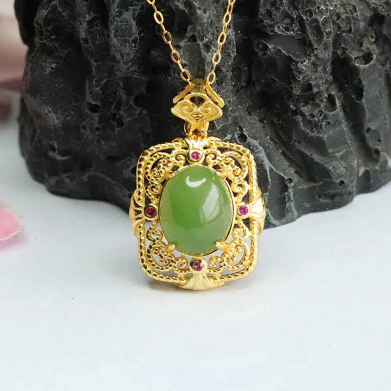 Natural Hotan Jade and Russian Jasper Necklace with Sterling Silver Pendant