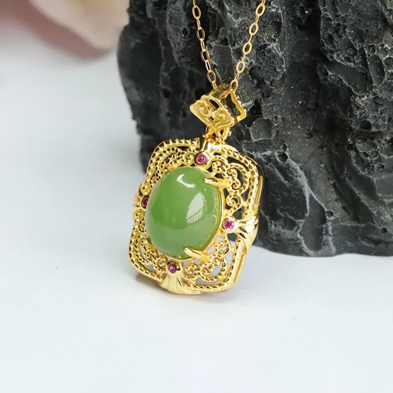 Natural Hotan Jade and Russian Jasper Necklace with Sterling Silver Pendant