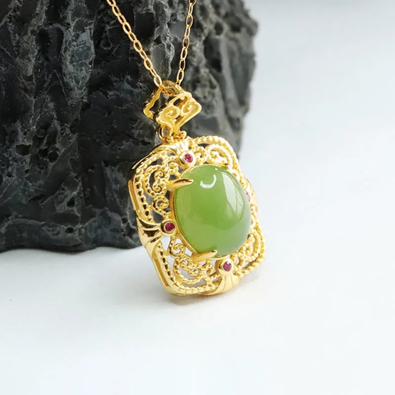 Natural Hotan Jade and Russian Jasper Necklace with Sterling Silver Pendant