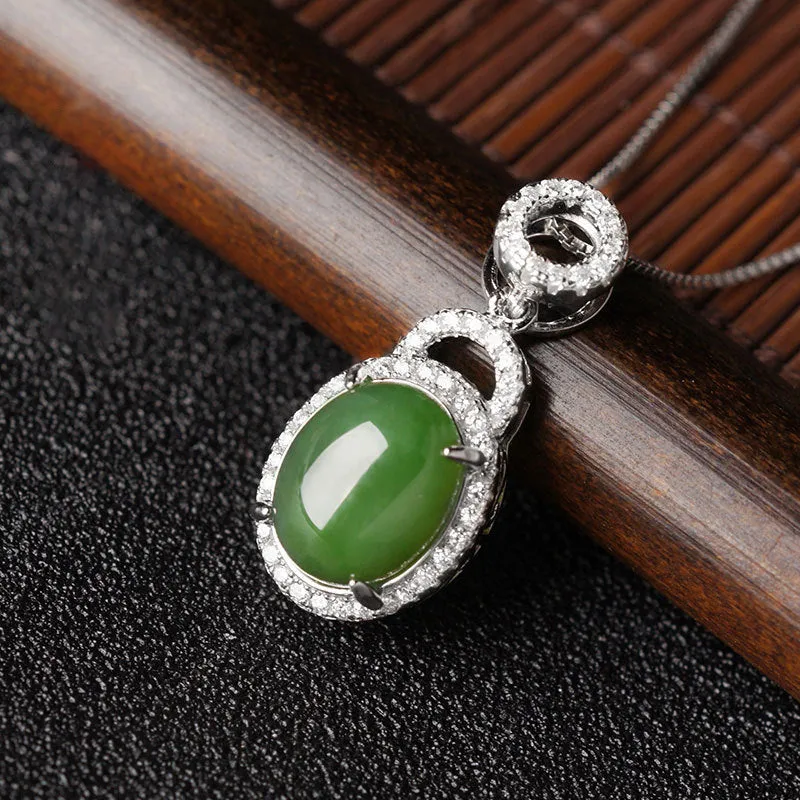 Natural Jade Pendant Nephrite Silver Zircon Pendant ZPT186