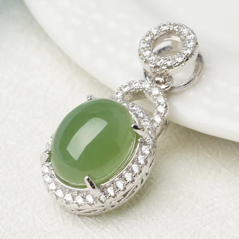 Natural Jade Pendant Nephrite Silver Zircon Pendant ZPT186