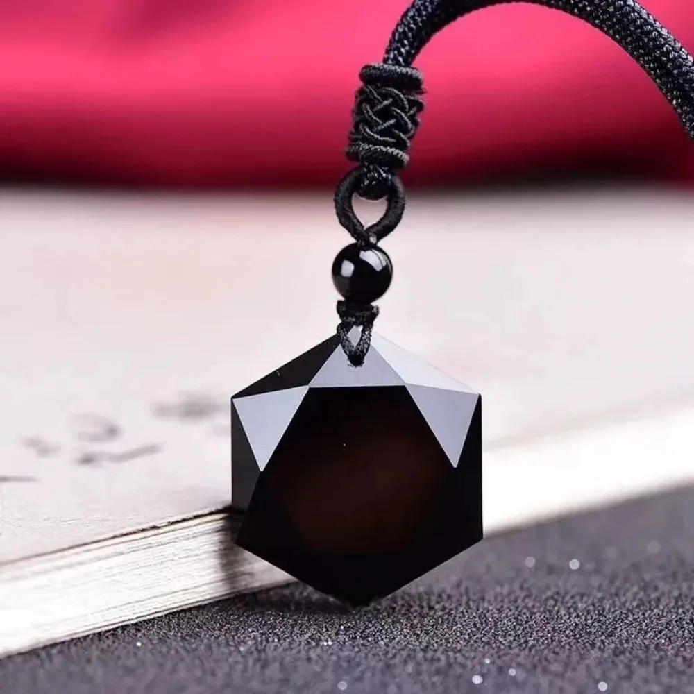 Natural Obsidian Hexagram Pendant Necklace for Protection