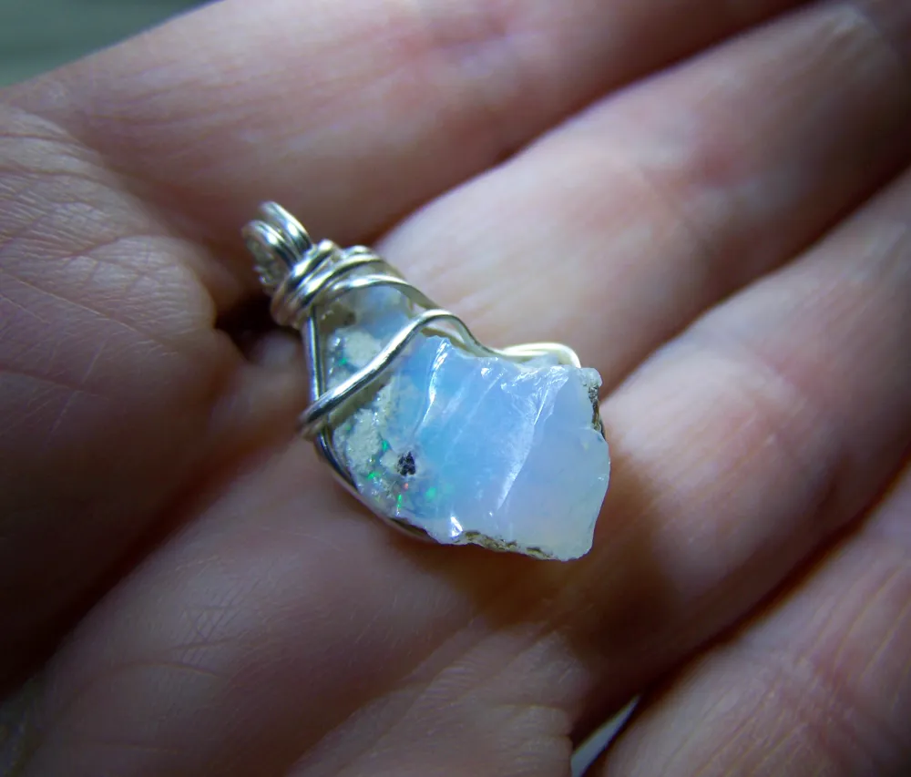 Natural Raw Welo Opal Gemstone Wire Wrapped Crystal Pendant