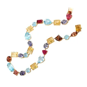 Natural Topaz Citrine Tourmaline Lolite 18k Yellow Gold Choker Necklace