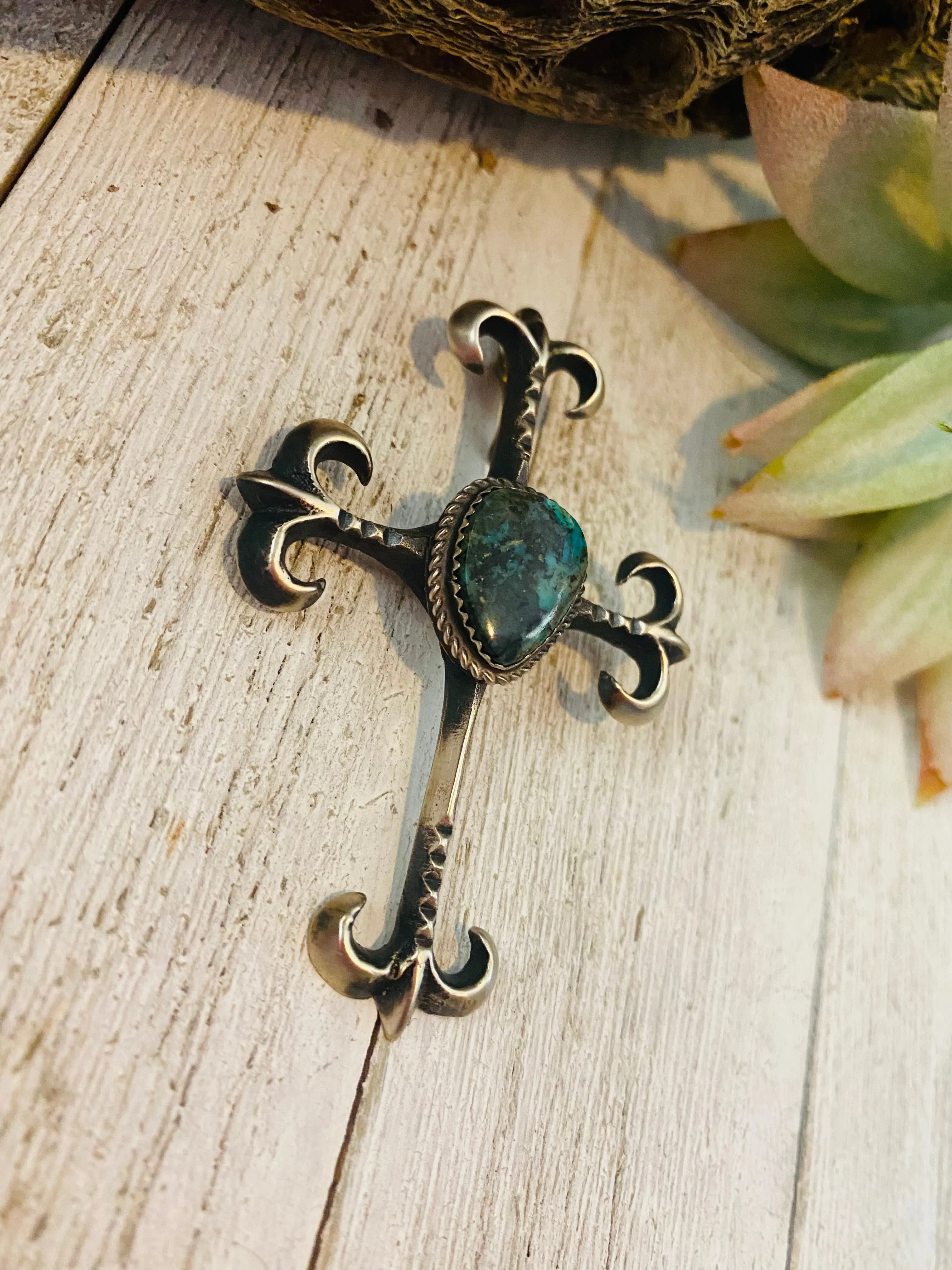 Navajo Sterling Silver & Royston Turquoise Cross Pendant By Martha Cayatineto