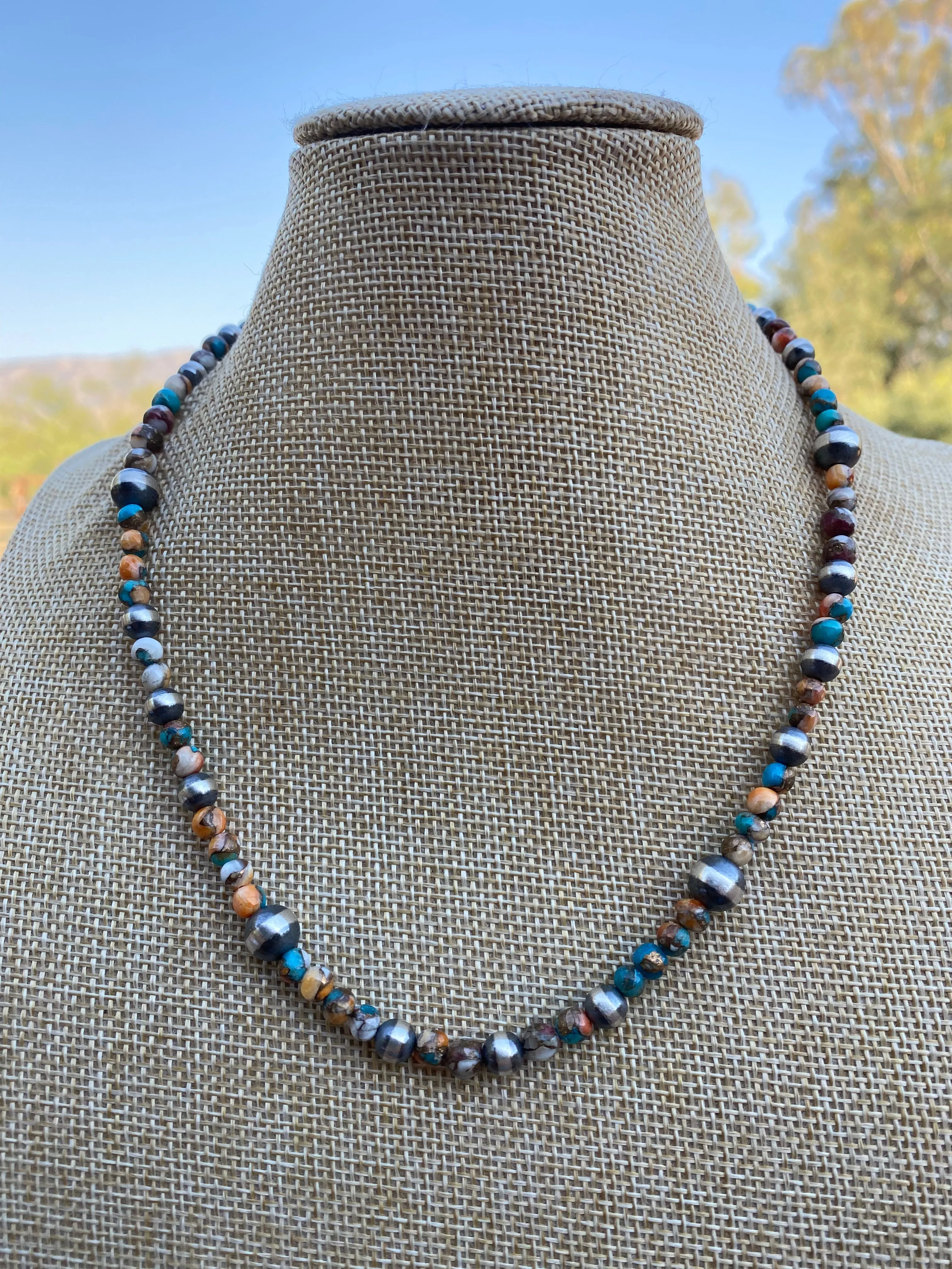 Navajo Turquoise & Spiny Spice Sterling Silver Beaded Necklace 18 inch