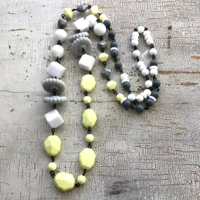 Neon Yellow & Grey Beaded Rosary Chain Rope Necklace