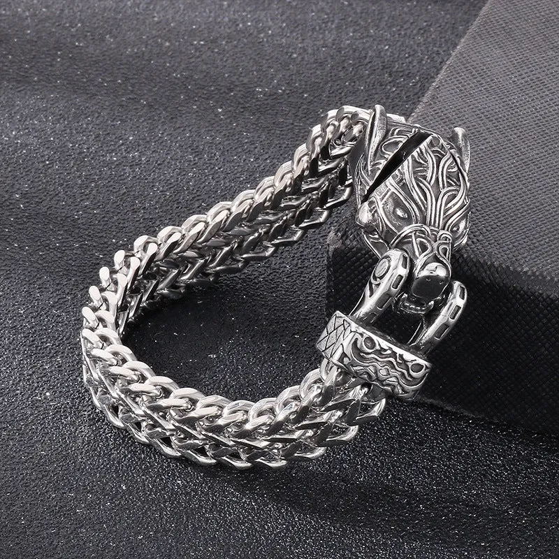 Nordic Viking Eagle Beak and Wolf Head Titanium Steel Men's Bracelet with Punk Retro Snake Chain