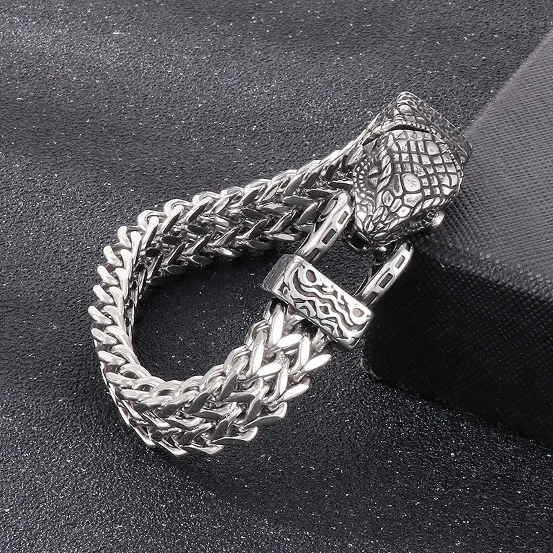 Nordic Viking Eagle Beak and Wolf Head Titanium Steel Men's Bracelet with Punk Retro Snake Chain