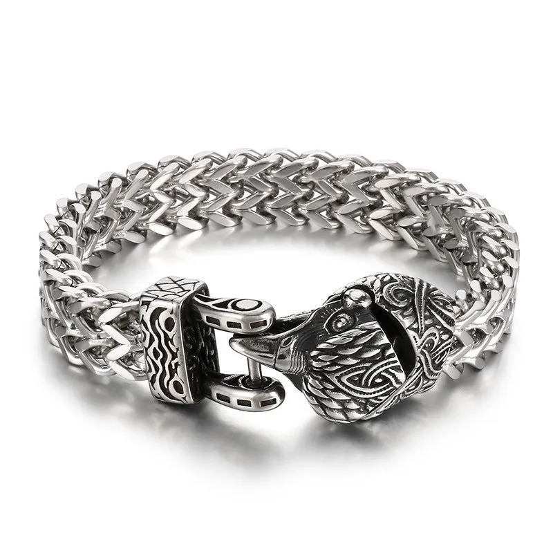 Nordic Viking Eagle Beak and Wolf Head Titanium Steel Men's Bracelet with Punk Retro Snake Chain