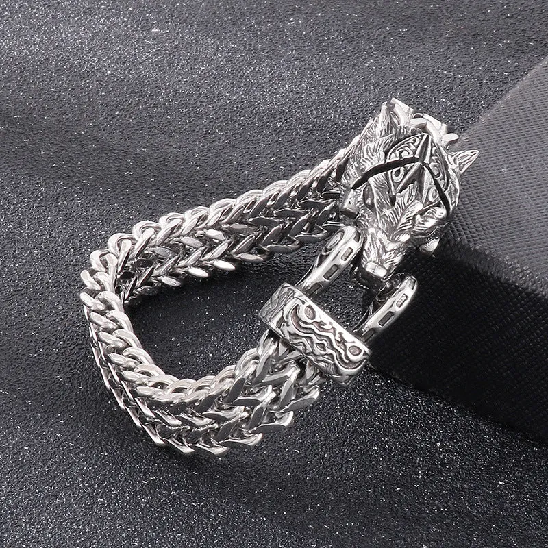 Nordic Viking Eagle Beak and Wolf Head Titanium Steel Men's Bracelet with Punk Retro Snake Chain