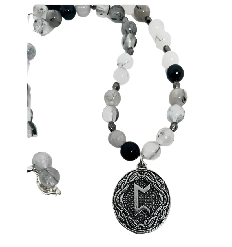 Norse Elder Futhark Rune Pethro with Black Rutile in Quartz Crystal Necklace