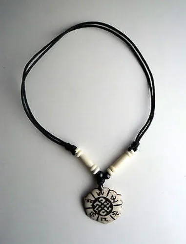 Om Mani Mantra and Endless Knot Bone Necklace