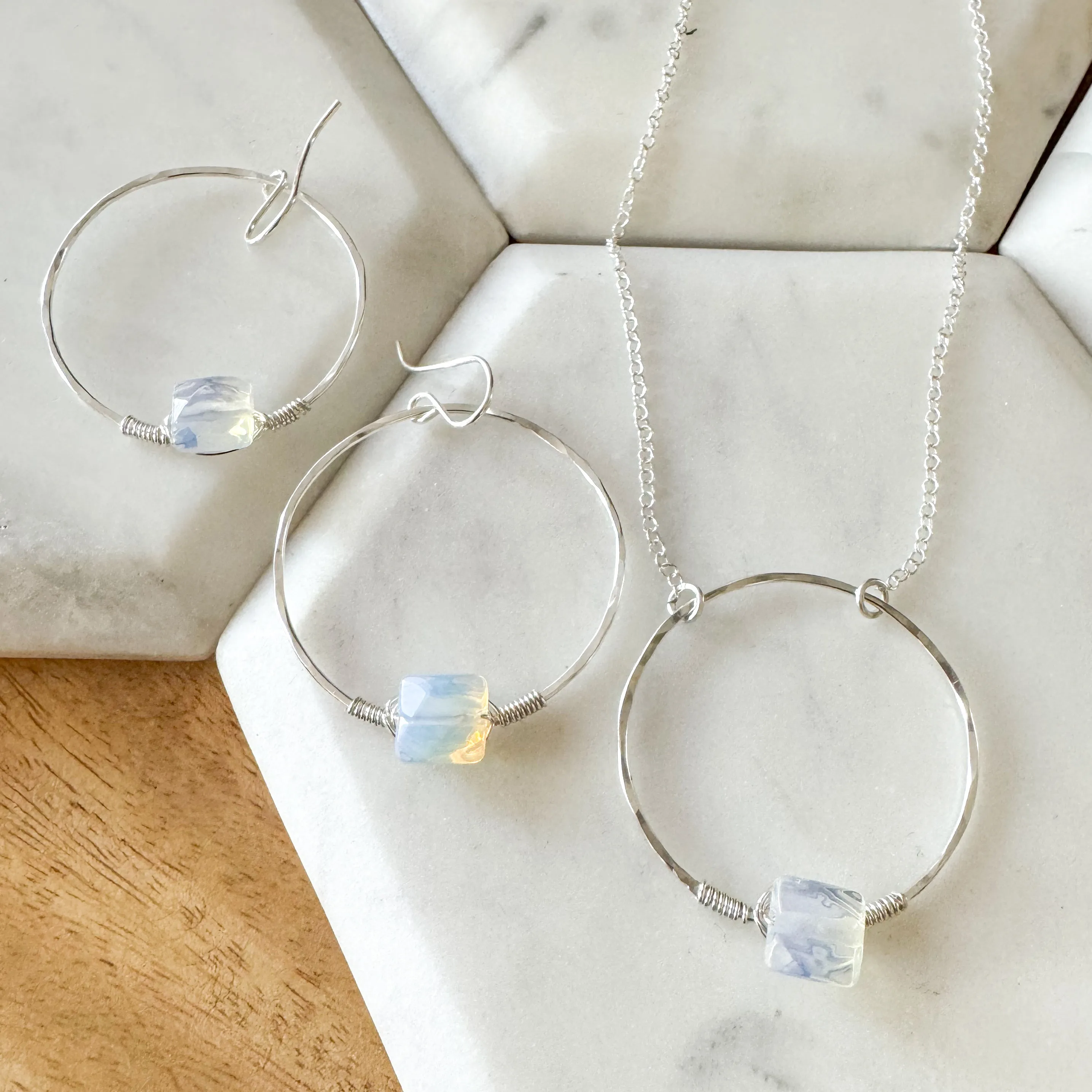 Opal wrapped hoop necklace