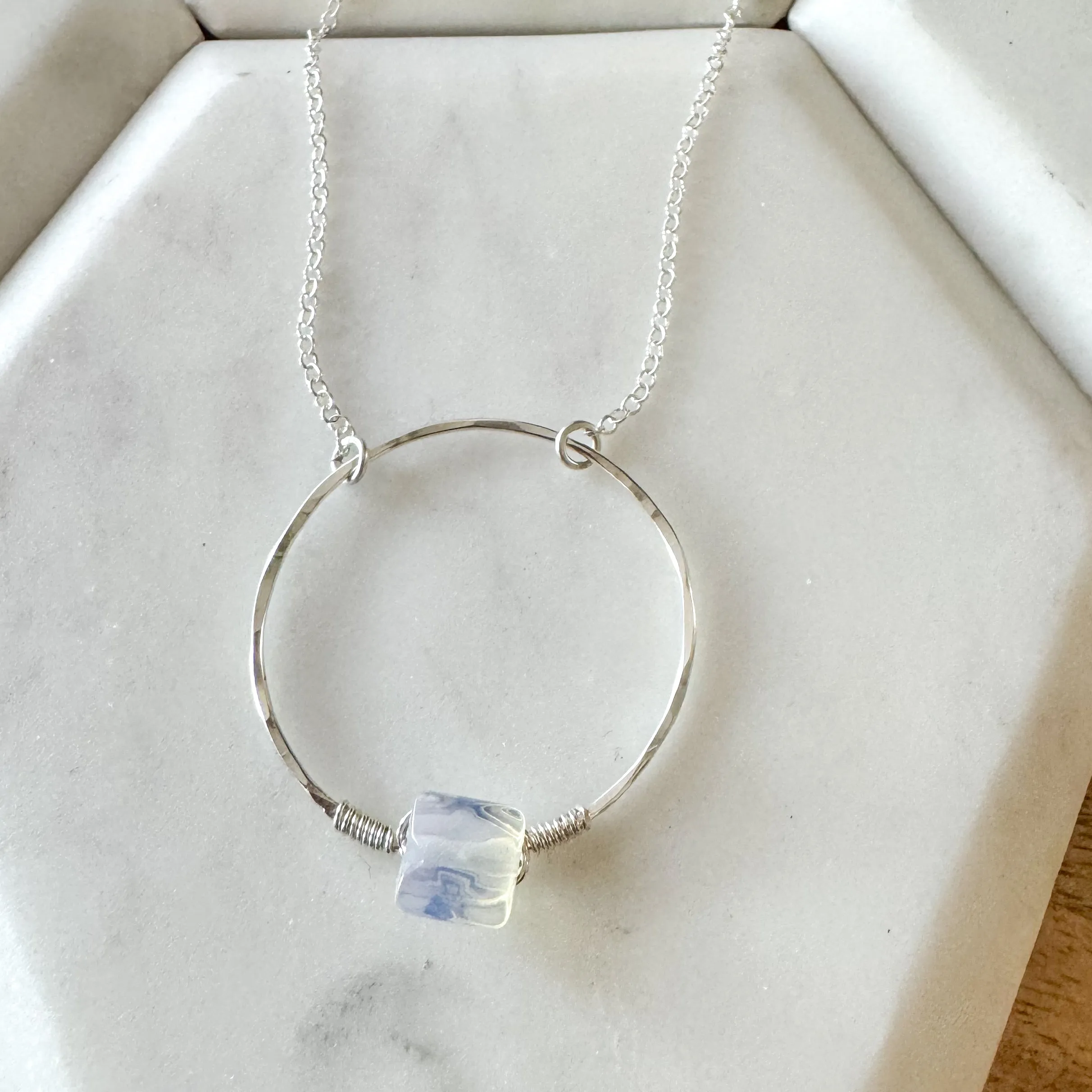 Opal wrapped hoop necklace