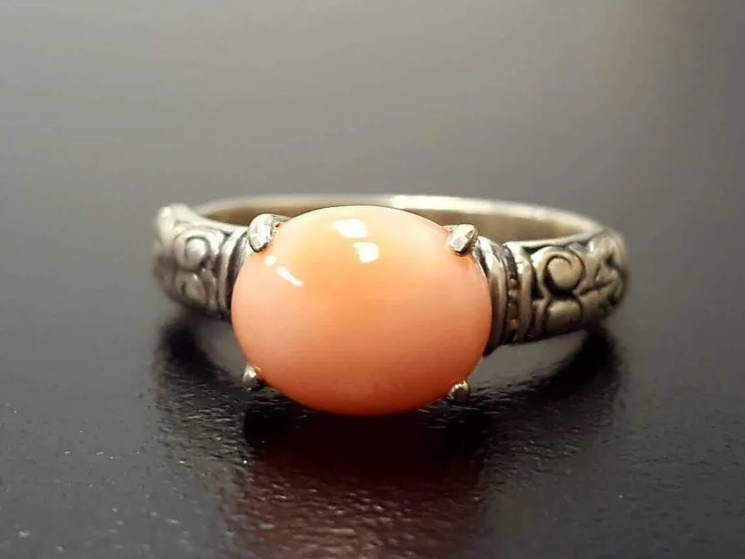 Orange Coral Ring - Coral Boho Ring - Silver Tribal Band