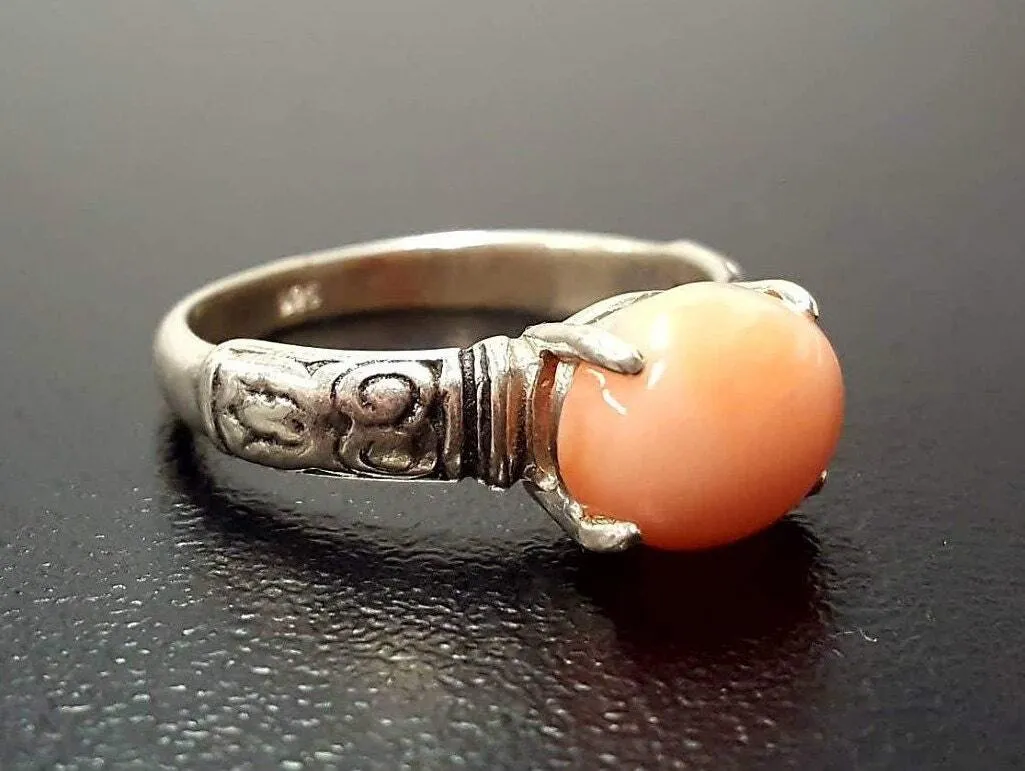 Orange Coral Ring - Coral Boho Ring - Silver Tribal Band