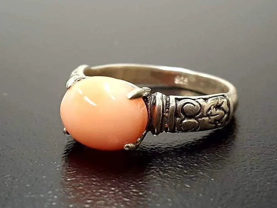 Orange Coral Ring - Coral Boho Ring - Silver Tribal Band