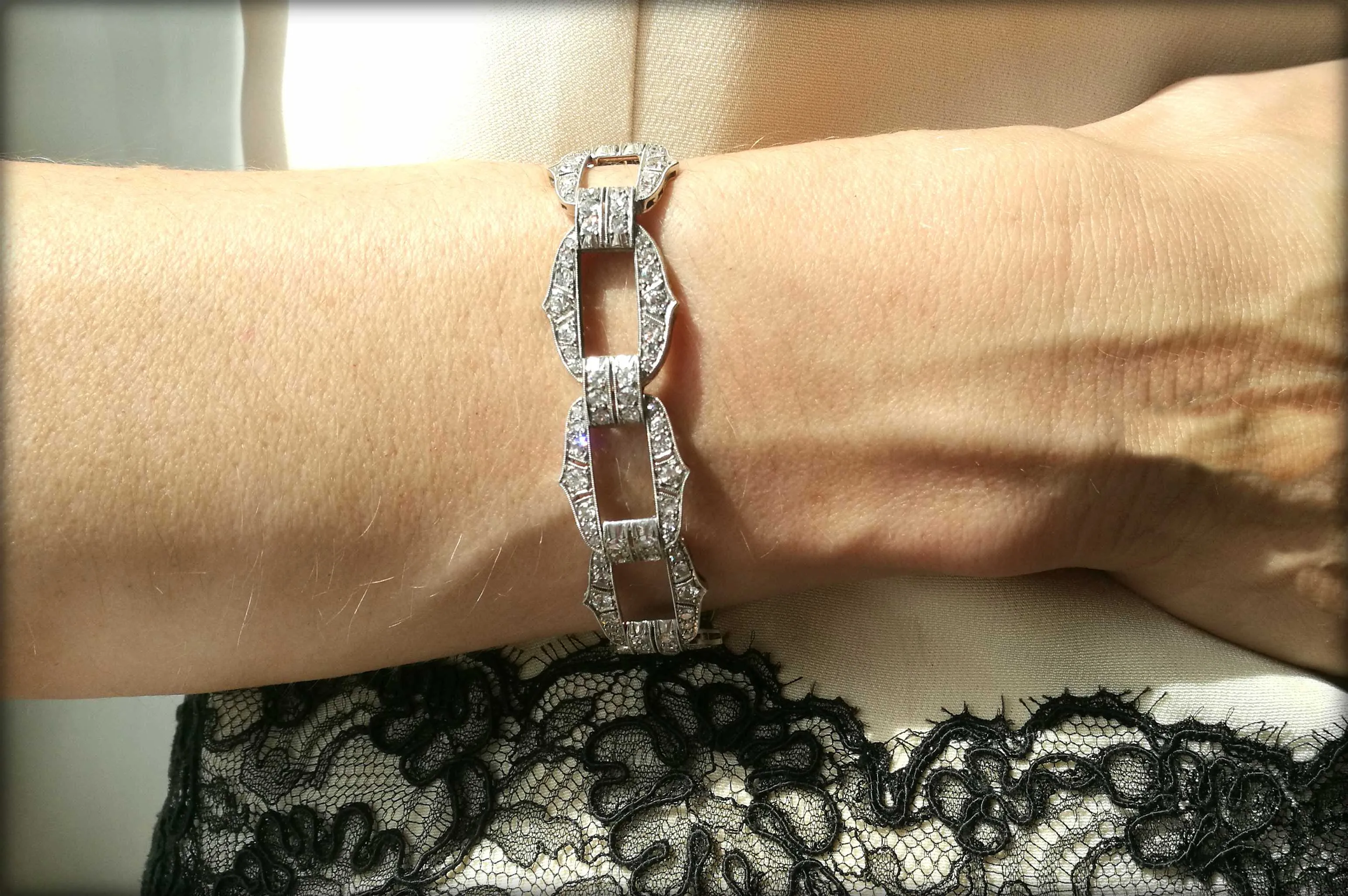 Original French Art Deco Old Cut Diamond Platinum Bracelet 7 in