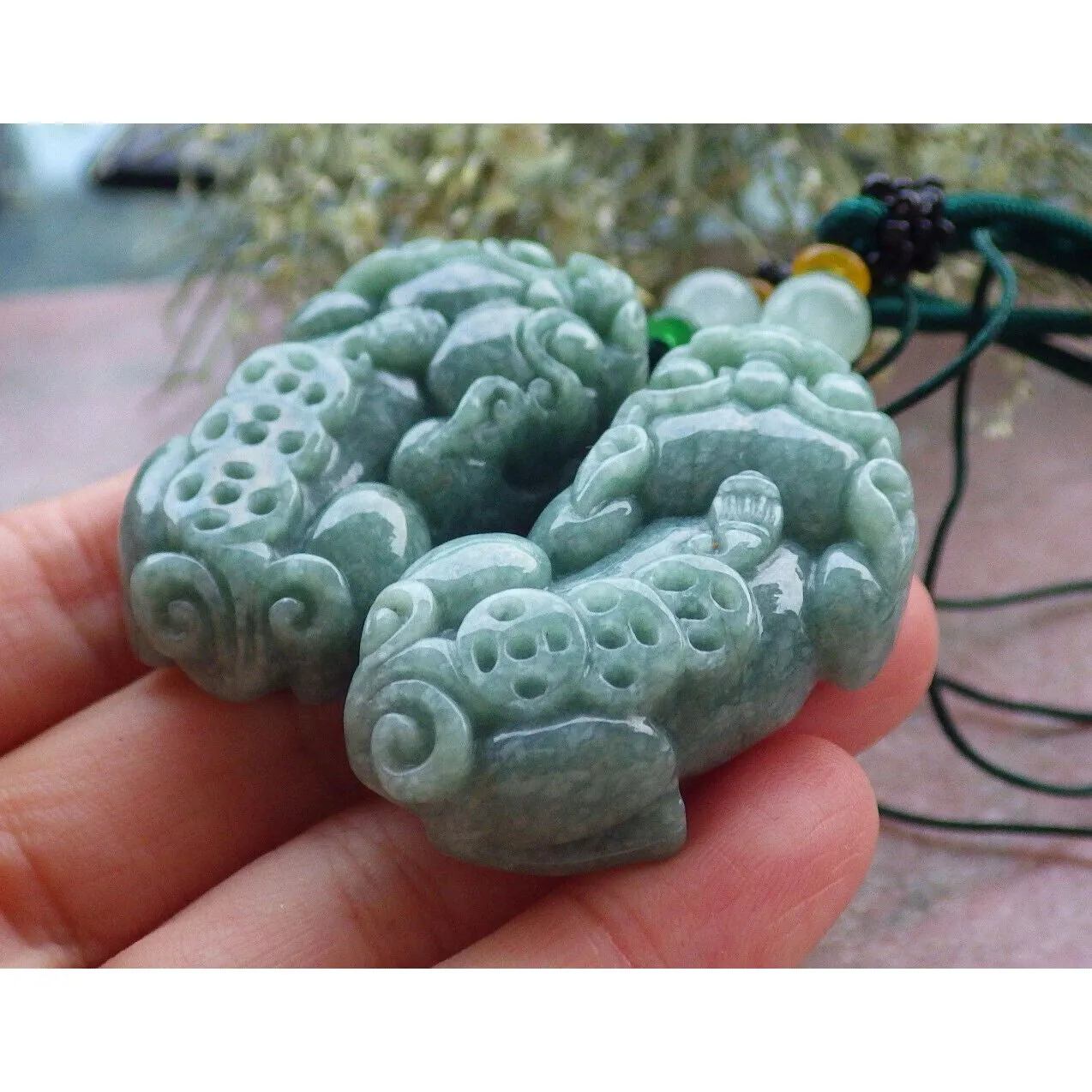 Pair Certified Green Natural A Jade Jadeite Pendant Dragon Pi Xiu Necklace