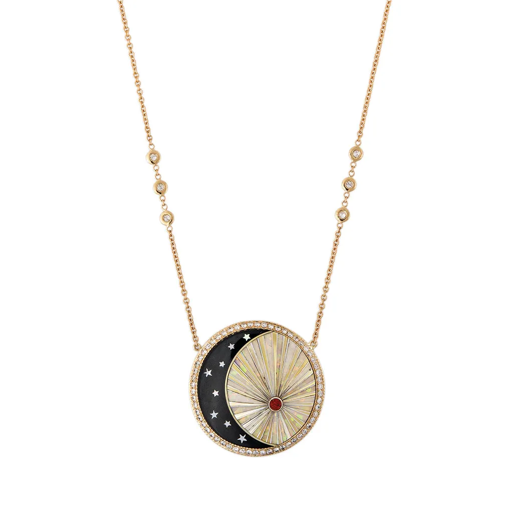 PAVE ROUND ONYX STAR CRESCENT   OPAL RAYS INLAY NECKLACE