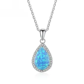 Pear Shape Blue Opal Zircon Soleste Halo Sterling Silver Necklace