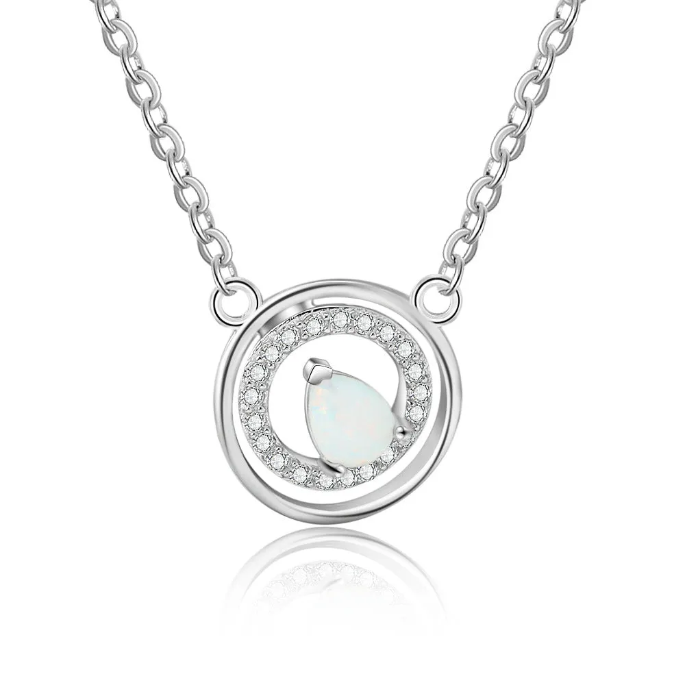 Pear Shape Opal Circular Zircon Sterling Silver Necklace