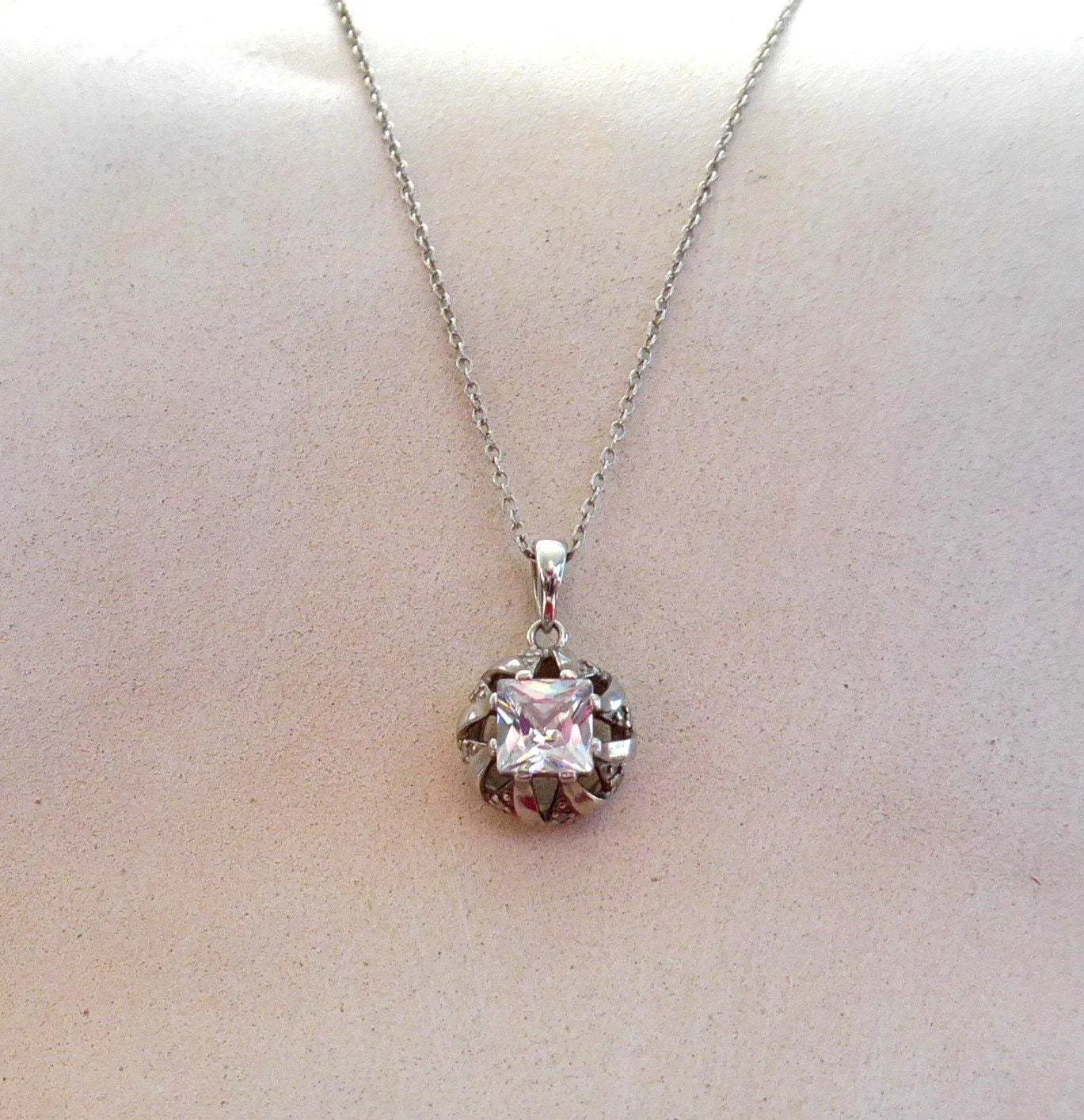 Pendant Necklace Princess Cut Square CZ Diamond Sterling Silver Mount Chain