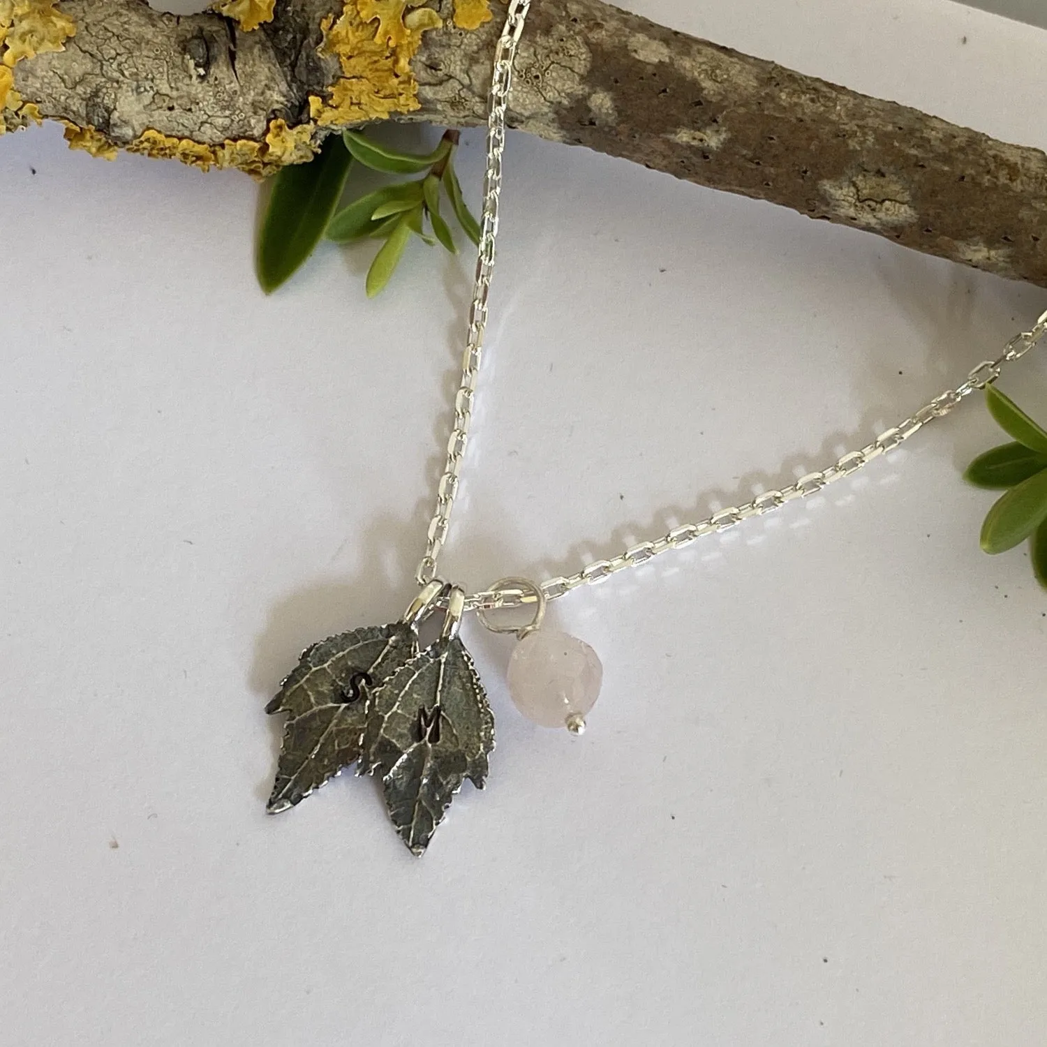 Personalised Leaf Necklace-Oxidised Silver Leaf Necklace-Monogram Pendant