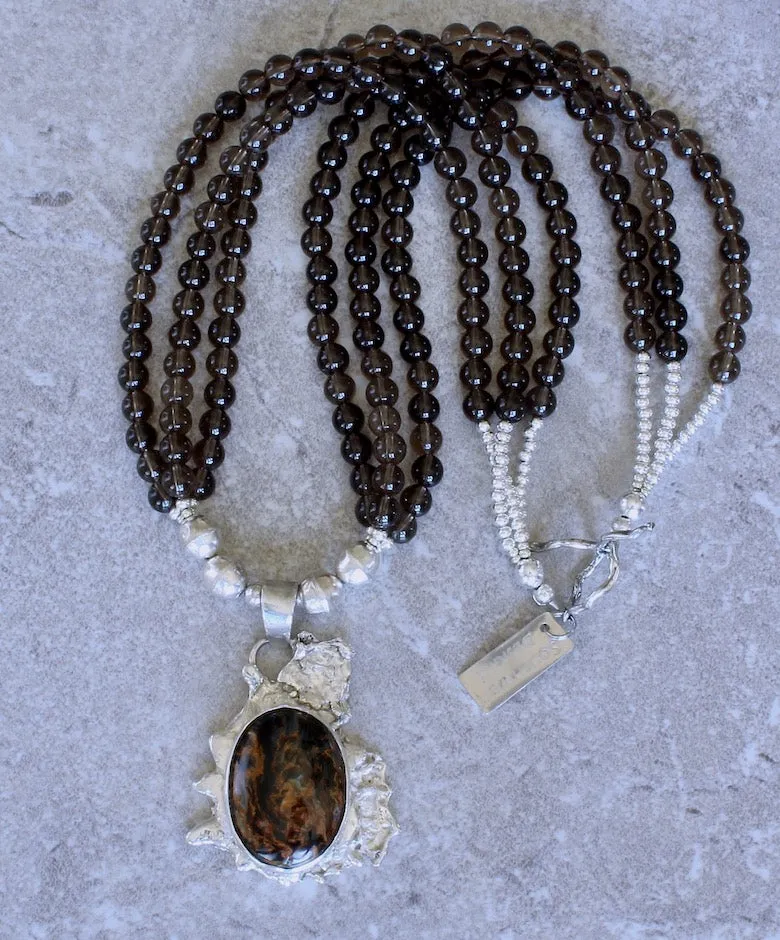 Pietersite and Reticulated Silver Art Pendant with 3 Strands of Smoky Quartz and Sterling Silver