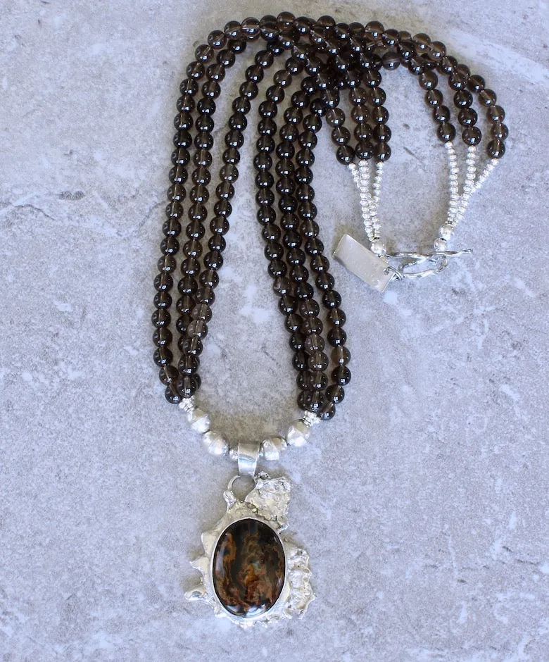 Pietersite and Reticulated Silver Art Pendant with 3 Strands of Smoky Quartz and Sterling Silver