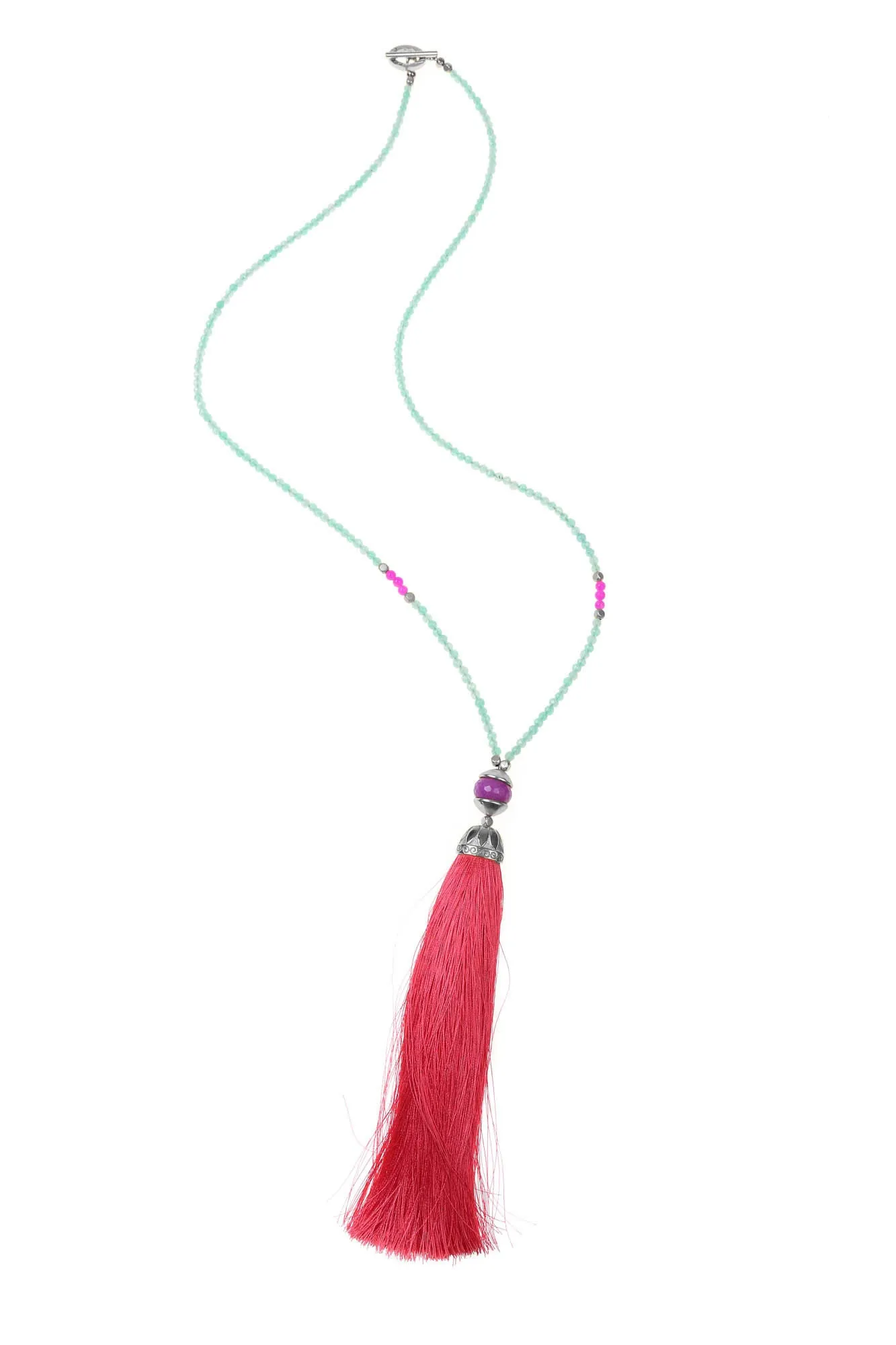 Pink & Aqua Rainbow Long Tassel Necklace