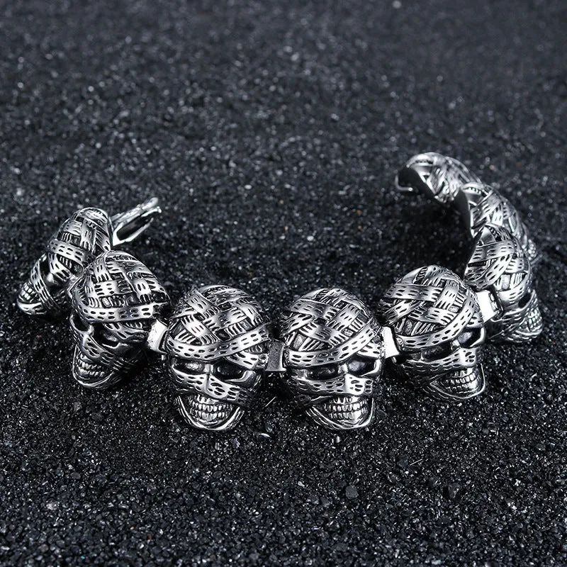 Punk-Inspired Titan Steel Skull Bracelet with Retro Mummy Ghost Design for Men