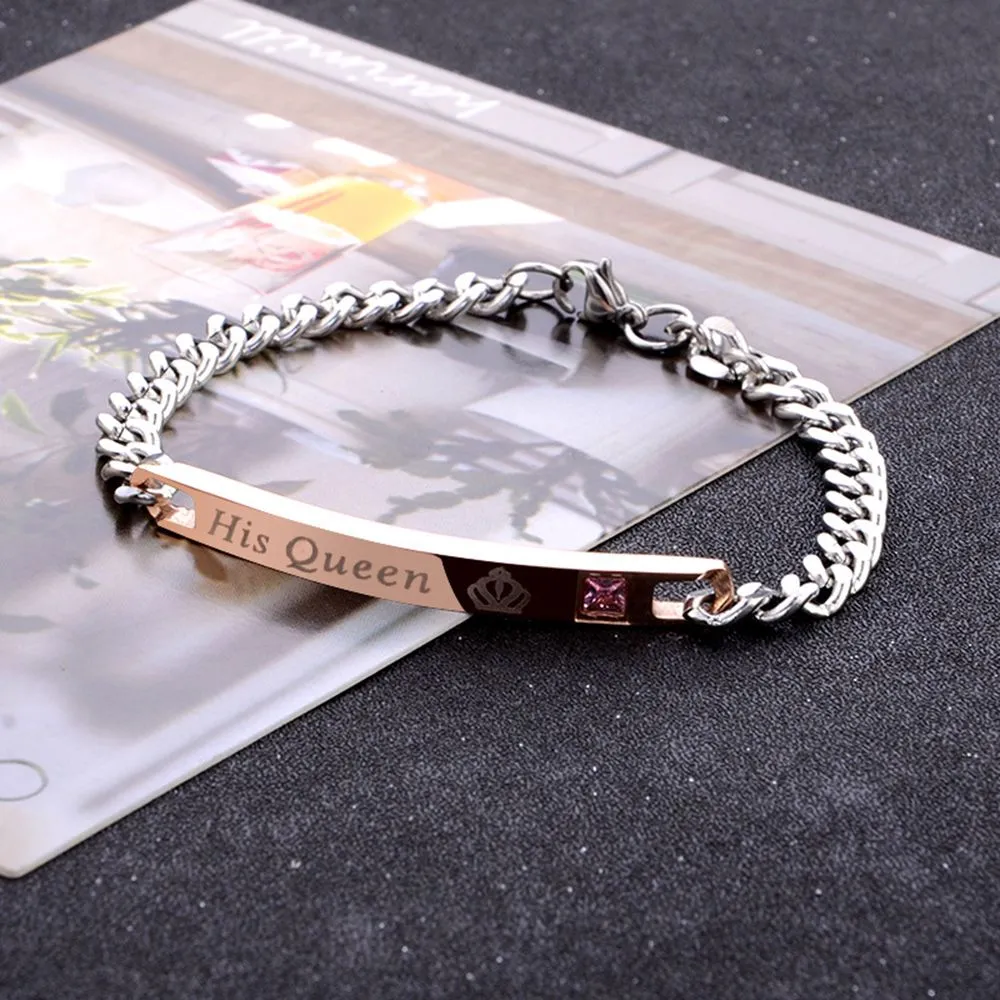 "Her King" & "His Queen" Titanium Crystal Charm Couples Bracelet