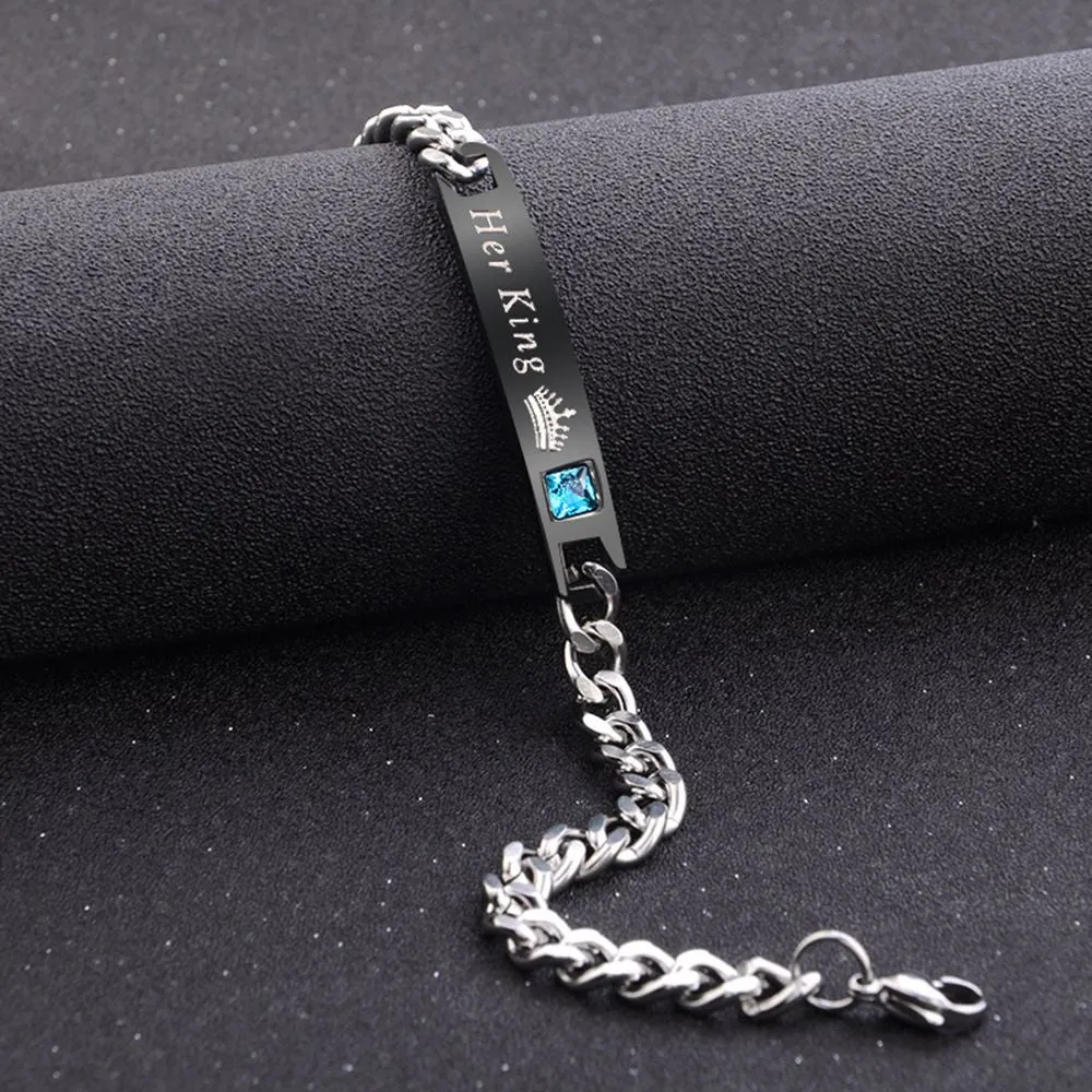 "Her King" & "His Queen" Titanium Crystal Charm Couples Bracelet