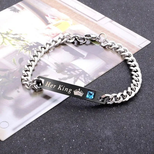 "Her King" & "His Queen" Titanium Crystal Charm Couples Bracelet