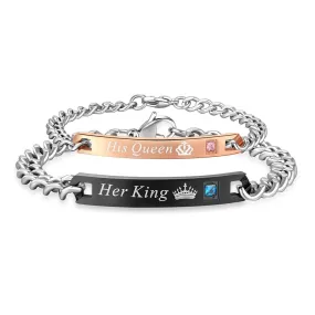 "Her King" & "His Queen" Titanium Crystal Charm Couples Bracelet