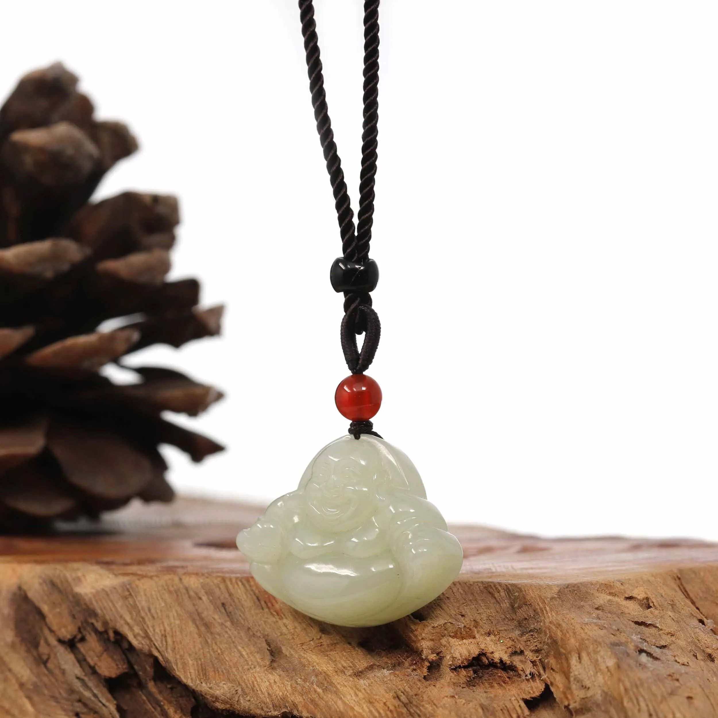 "Laughing Buddha" Genuine White Jade Pendant Necklace