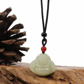 "Laughing Buddha" Genuine White Jade Pendant Necklace