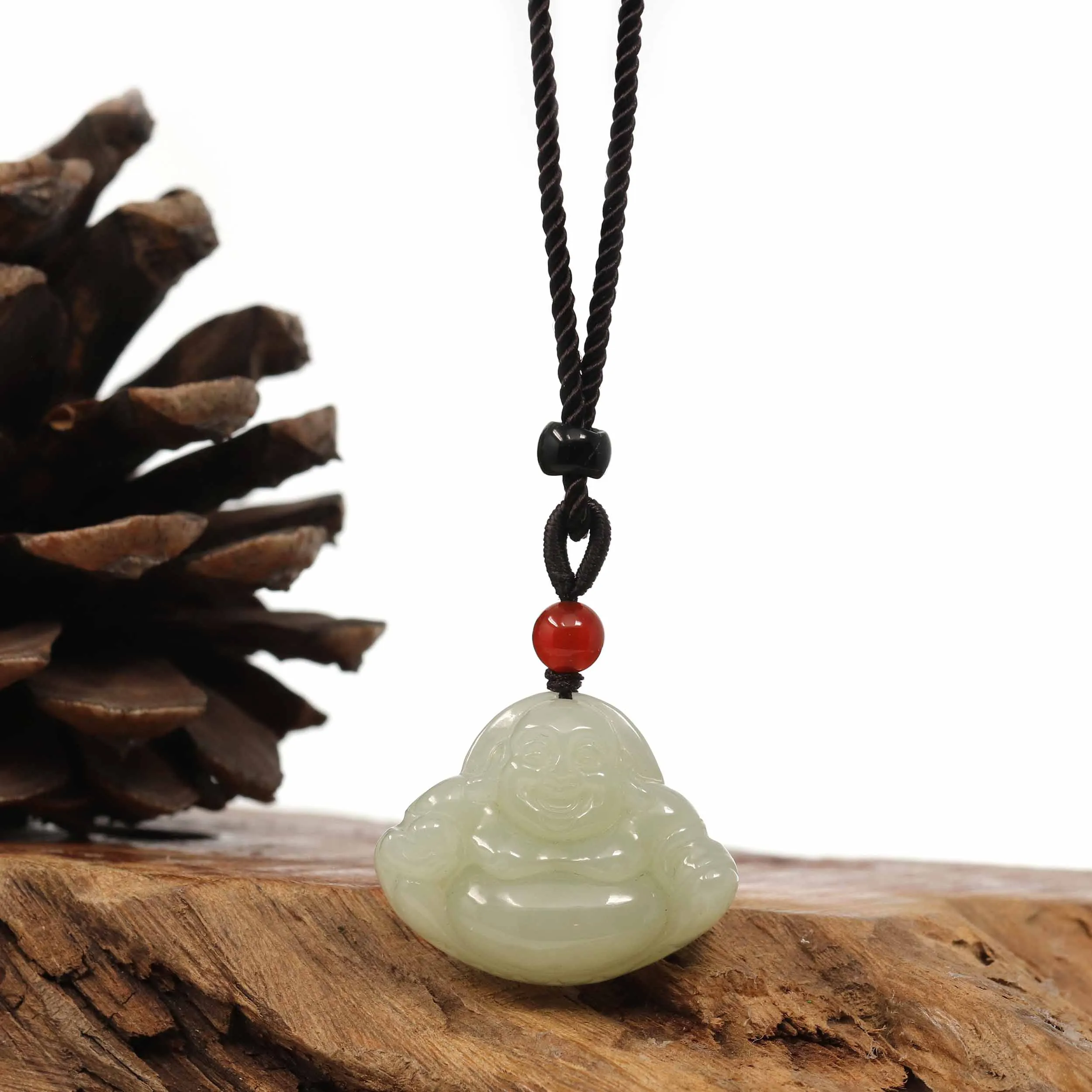 "Laughing Buddha" Genuine White Jade Pendant Necklace