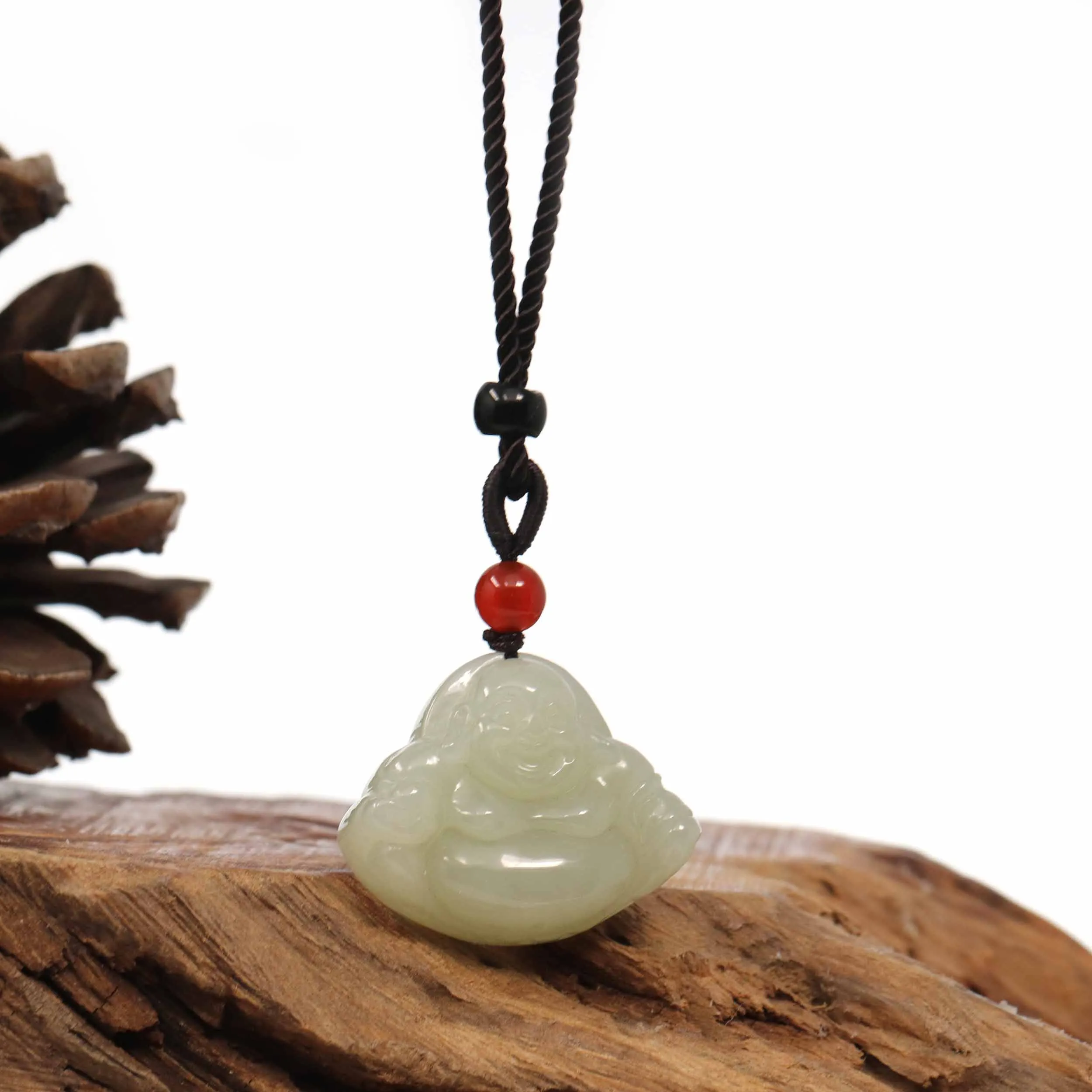 "Laughing Buddha" Genuine White Jade Pendant Necklace