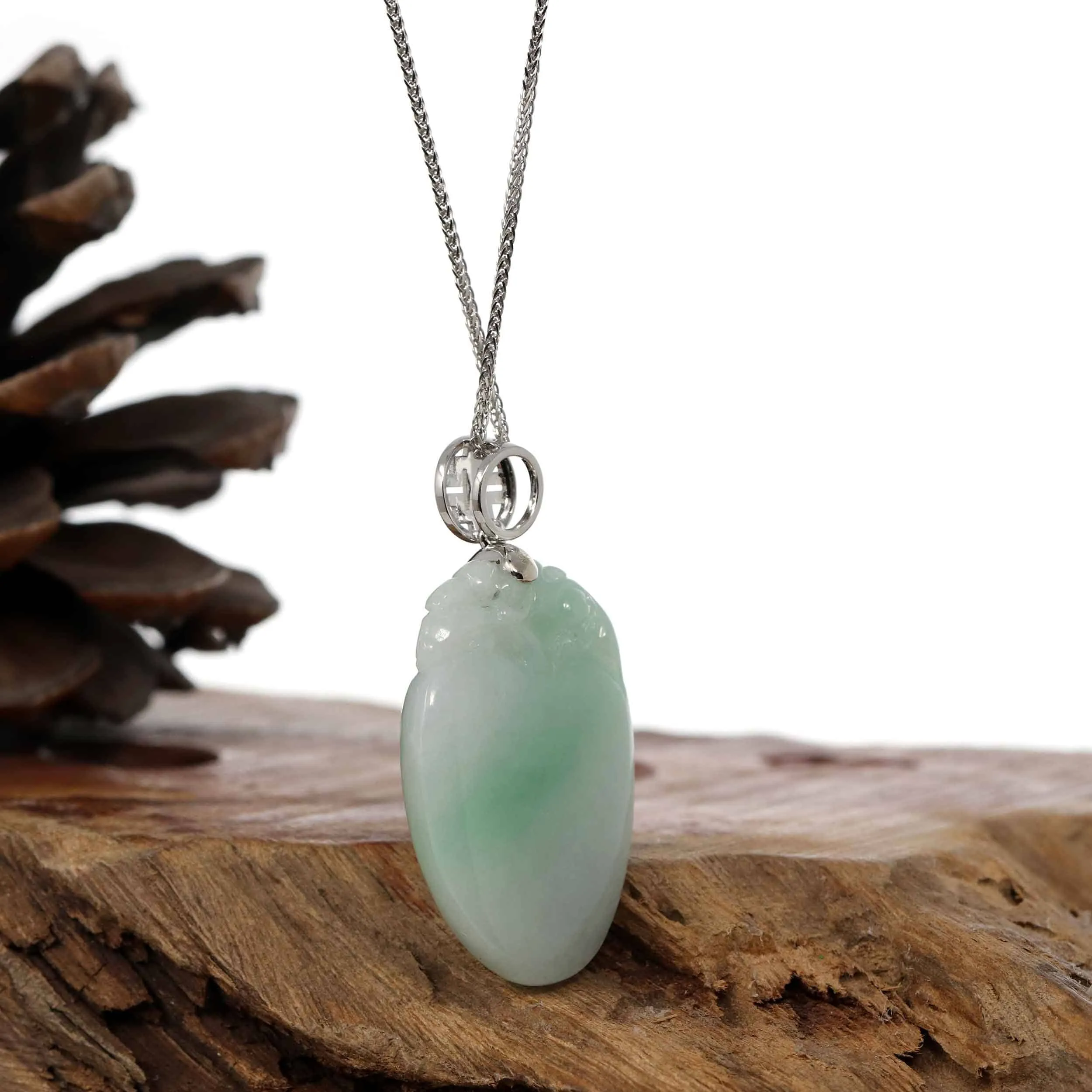 "Shou Tao" (Longevity Peach) Natural Light green Jadeite Jade, Necklace With Silver Bail