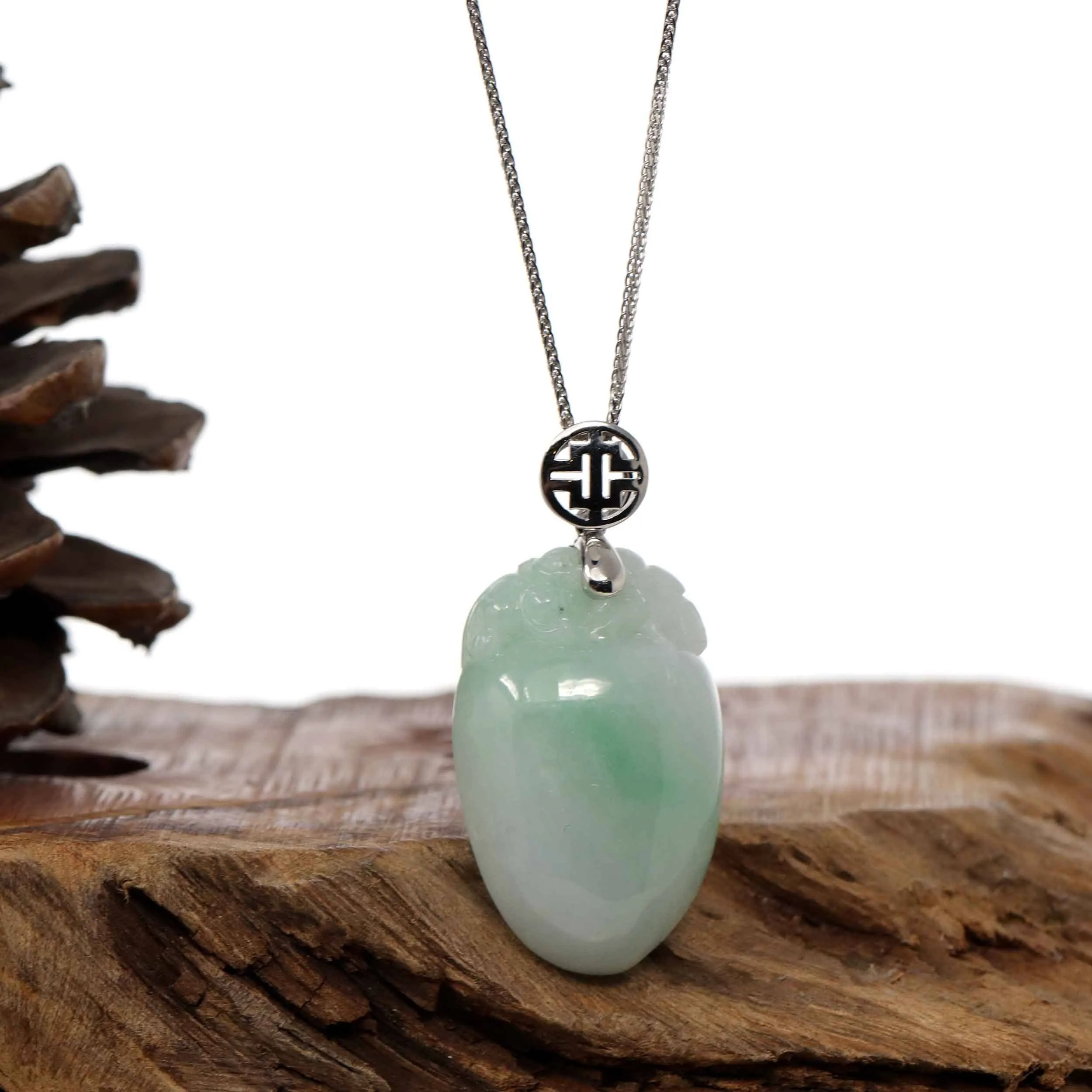 "Shou Tao" (Longevity Peach) Natural Light green Jadeite Jade, Necklace With Silver Bail