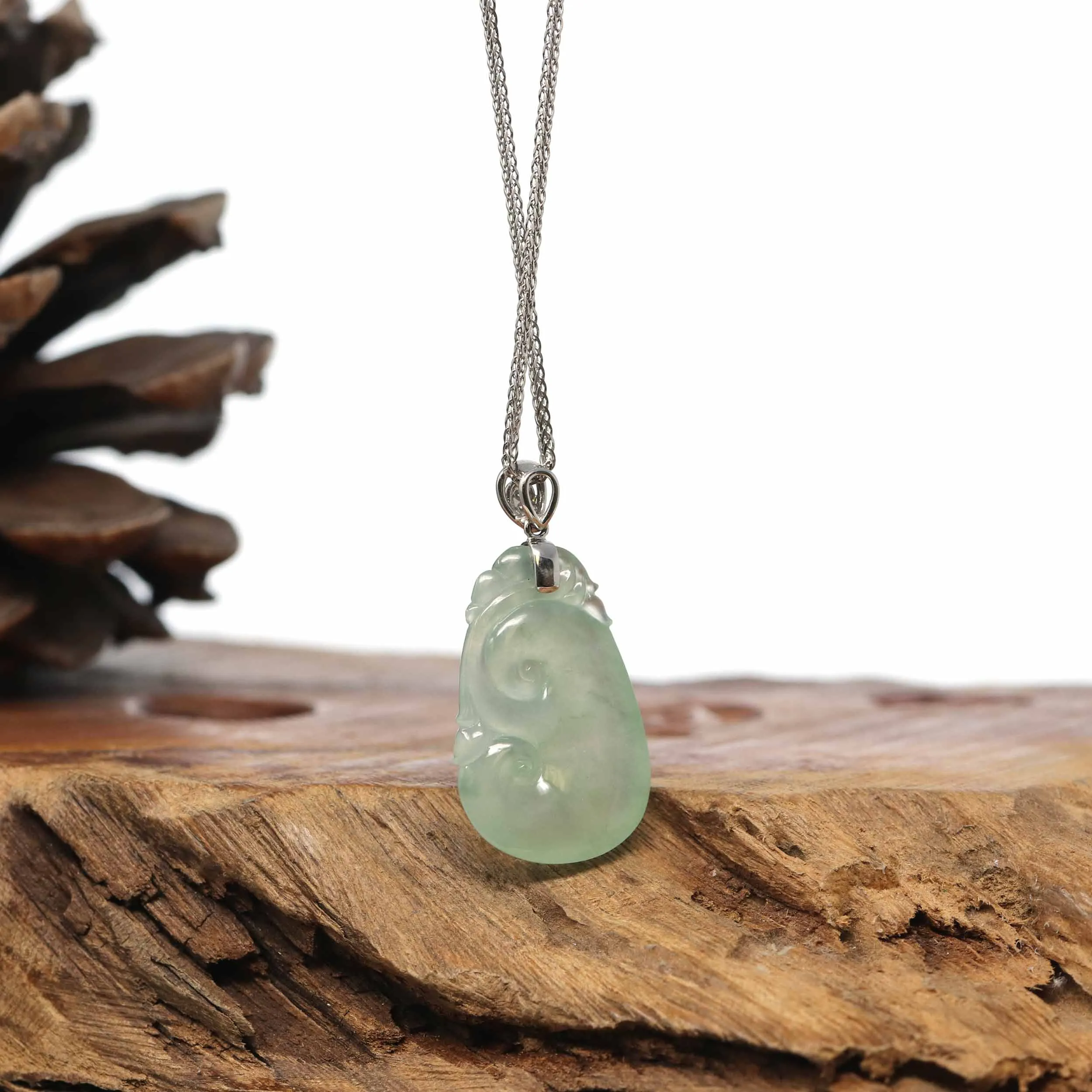 "Wang Shi Ru Yi" Genuine Ice Green Jadeite Jade Pendant Necklace With 18K White Gold Diamond Bail