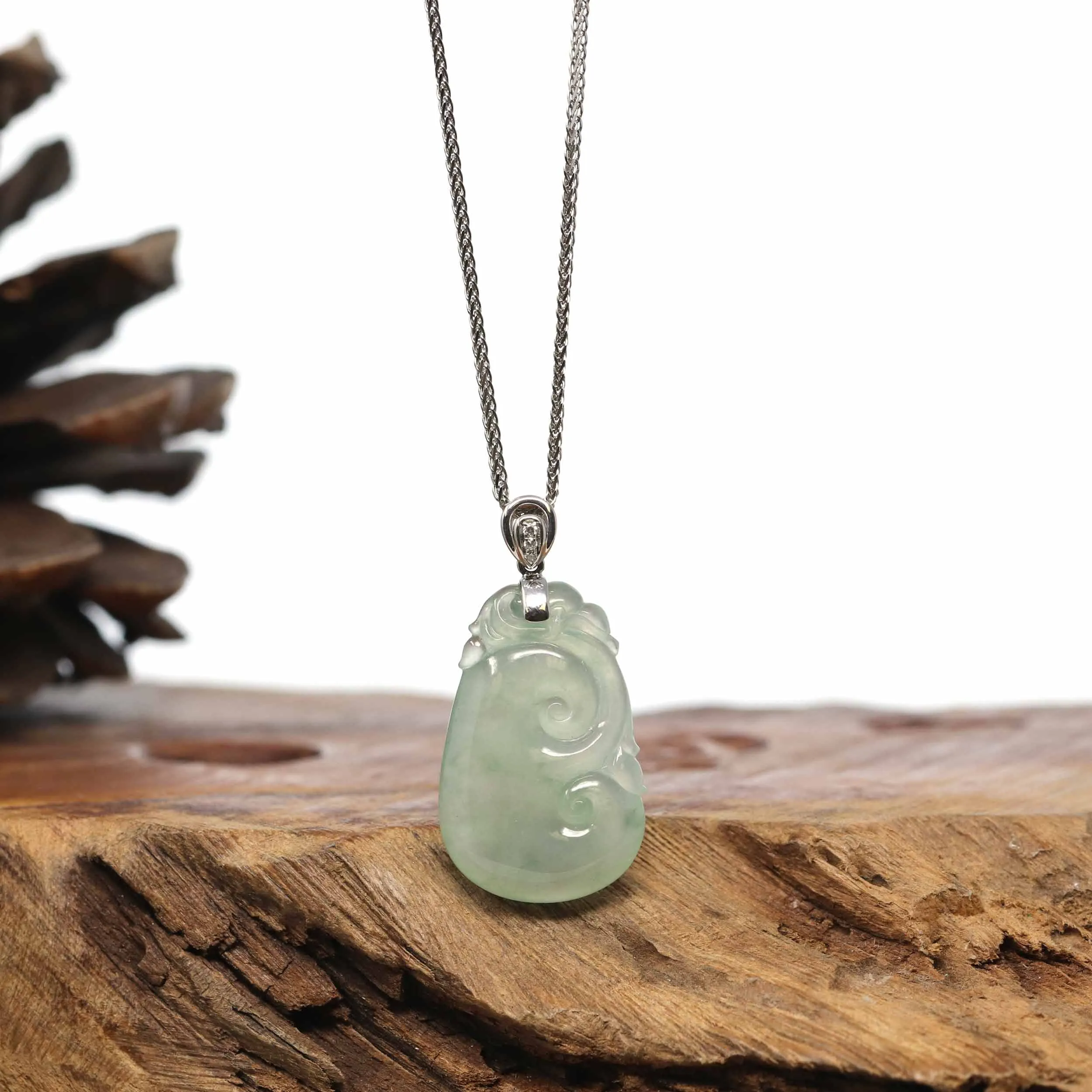 "Wang Shi Ru Yi" Genuine Ice Green Jadeite Jade Pendant Necklace With 18K White Gold Diamond Bail