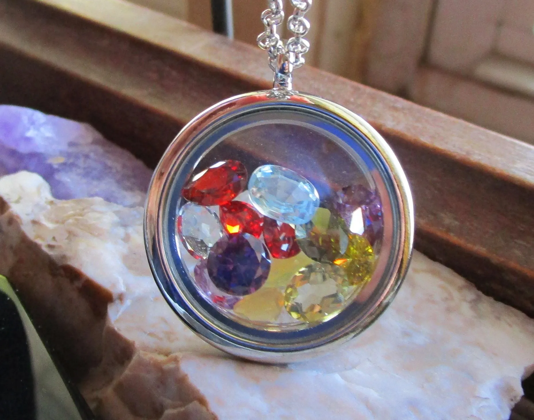 Rainbow Gemstones Double Sided Floating Locket Pendant Necklace