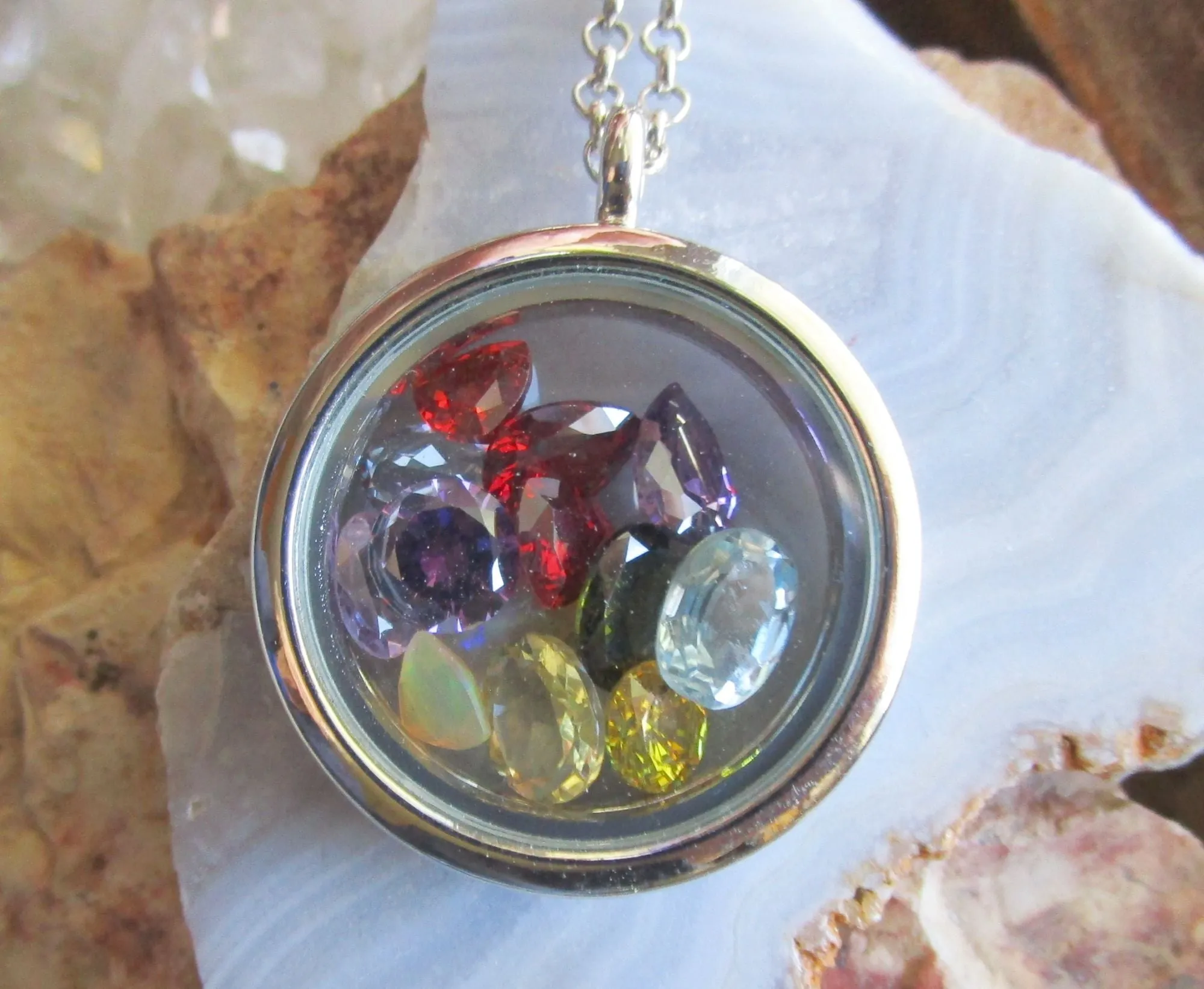 Rainbow Gemstones Double Sided Floating Locket Pendant Necklace