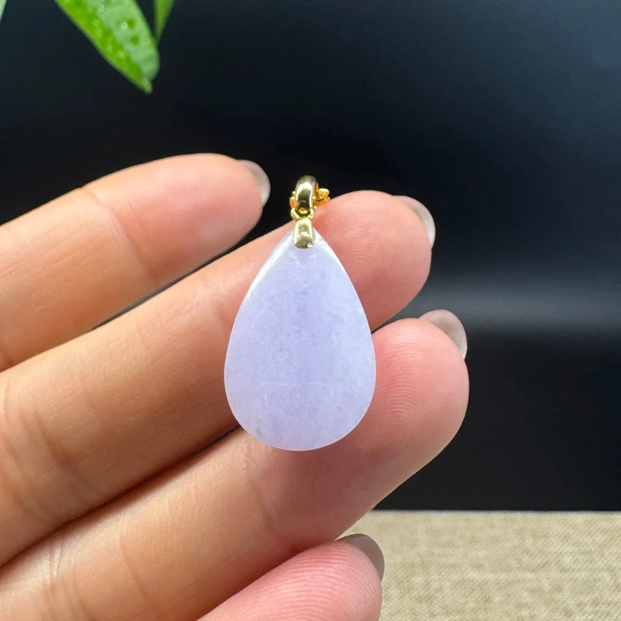 RealJade® Co. Genuine Lavender Jadeite Jade Good Luck Tear-Drop Necklace With 18K Yellow Gold Bail