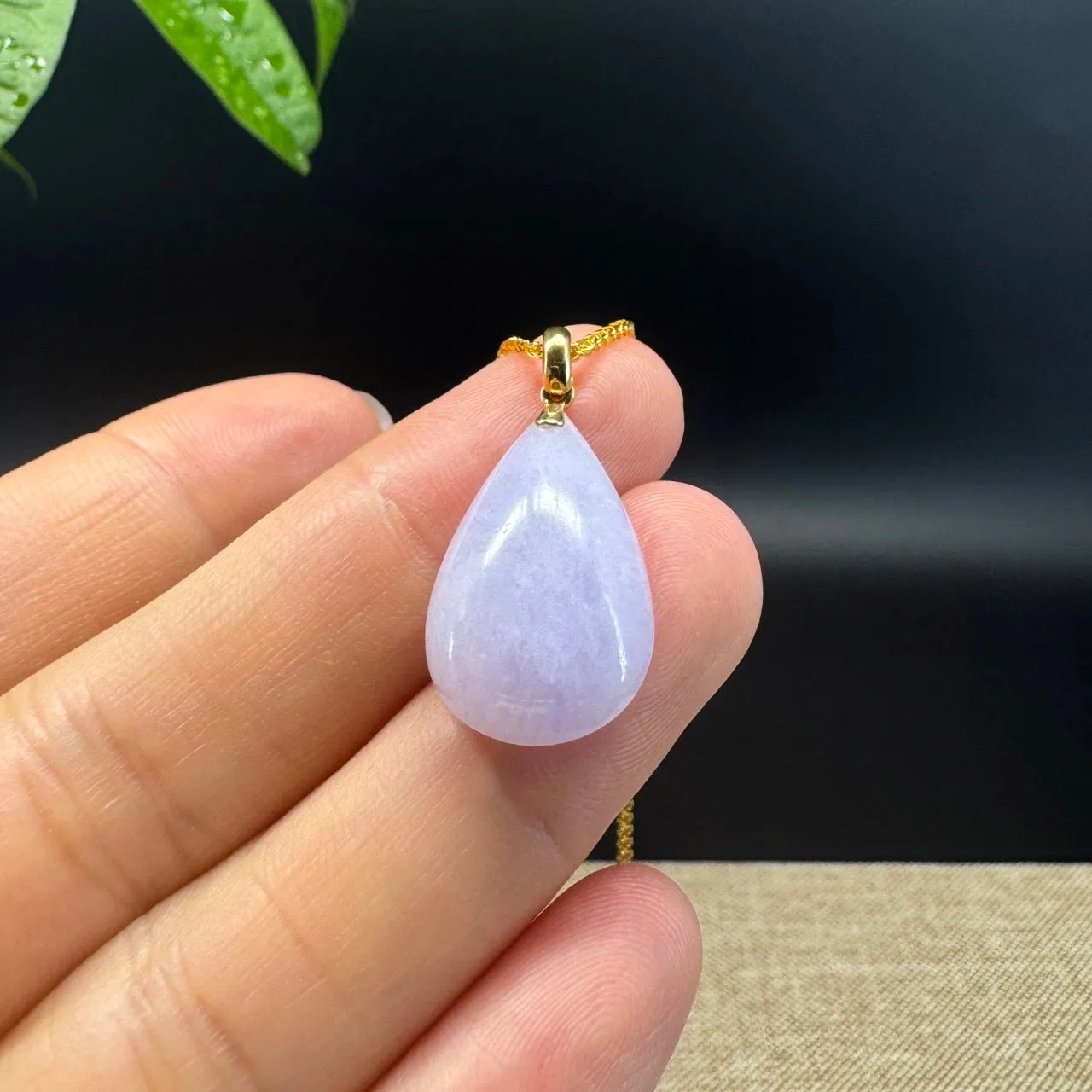 RealJade® Co. Genuine Lavender Jadeite Jade Good Luck Tear-Drop Necklace With 18K Yellow Gold Bail