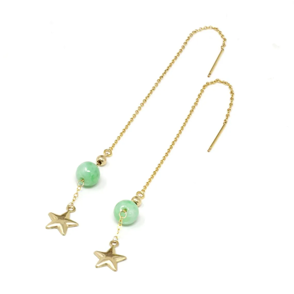 RealJade® "You are the brightest star to me" 14K Royal Yellow Gold Genuine Jade Jadeite Beads and Gold Star Longer Earrings #E11